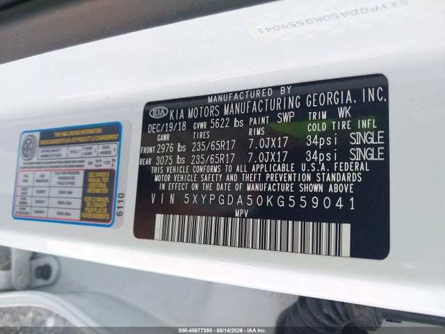 45877390 :رقم المزاد ، 5XYPGDA50KG559041 vin ، 2019 Kia Sorento 3.3l Lx مزاد بيع