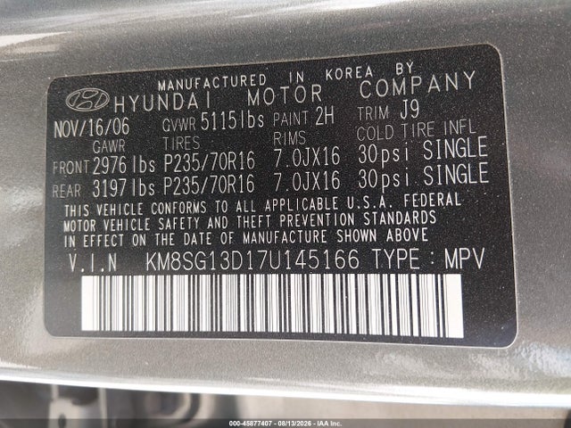 Aukcja sprzedaży 2007 Hyundai Santa Fe Gls, vin: KM8SG13D17U145166, numer aukcji: 45877407