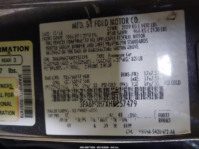 2017 Ford Fusion Se მანქანა იყიდება აუქციონზე, vin: 3FA6P0H7XHR257479, აუქციონის ნომერი: 45877409