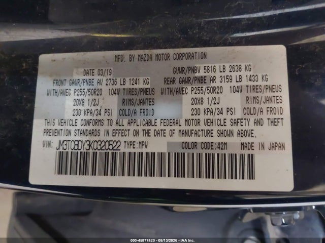 Продажа на аукционе авто 2019 Mazda Cx-9 Grand Touring, vin: JM3TCBDY3K0320522, номер лота: 45877420
