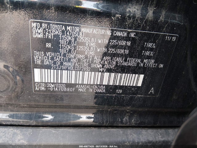 45877425 :رقم المزاد ، 2T3J1RFV0LC072892 vin ، 2020 Toyota Rav4 Trd Off-road مزاد بيع