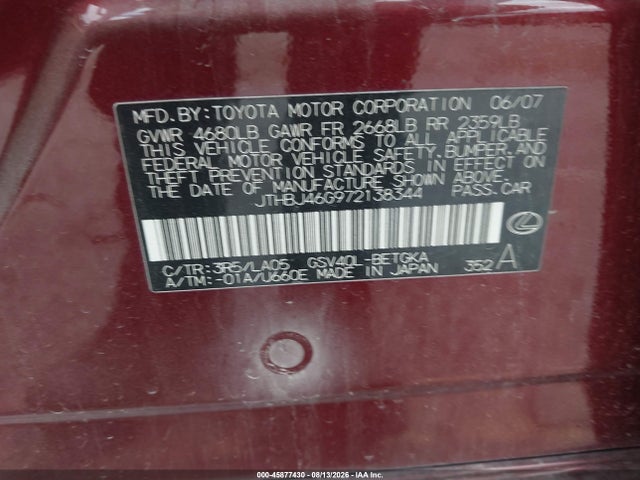Продаж на аукціоні авто 2007 Lexus Es 350, vin: JTHBJ46G972138344, номер лоту: 45877430