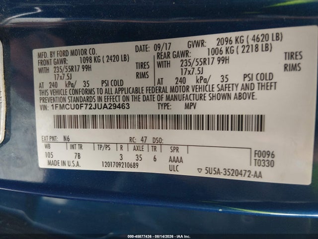 2018 Ford Escape S მანქანა იყიდება აუქციონზე, vin: 1FMCU0F72JUA29463, აუქციონის ნომერი: 45877436