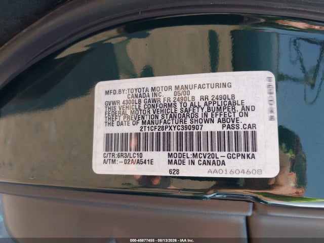 45877455 :رقم المزاد ، 2T1CF28PXYC390907 vin ، 2000 Toyota Camry Solara Sle V6 مزاد بيع