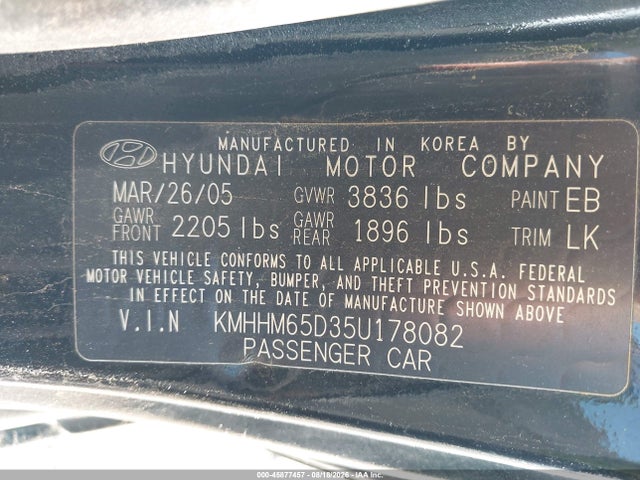 2005 Hyundai Tiburon Gs მანქანა იყიდება აუქციონზე, vin: KMHHM65D35U178082, აუქციონის ნომერი: 45877457