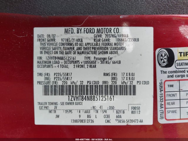 45877466 :رقم المزاد ، 1ZVHT84N885125161 vin ، 2008 Ford Mustang V6 Deluxe/v6 Premium مزاد بيع
