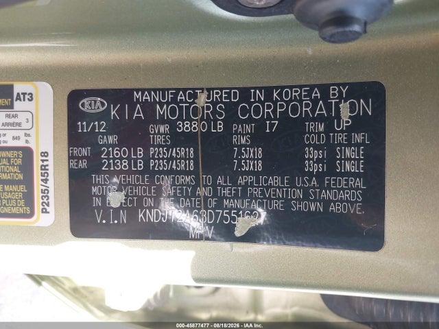45877477 :رقم المزاد ، KNDJT2A63D7551627 vin ، 2013 Kia Soul ! مزاد بيع