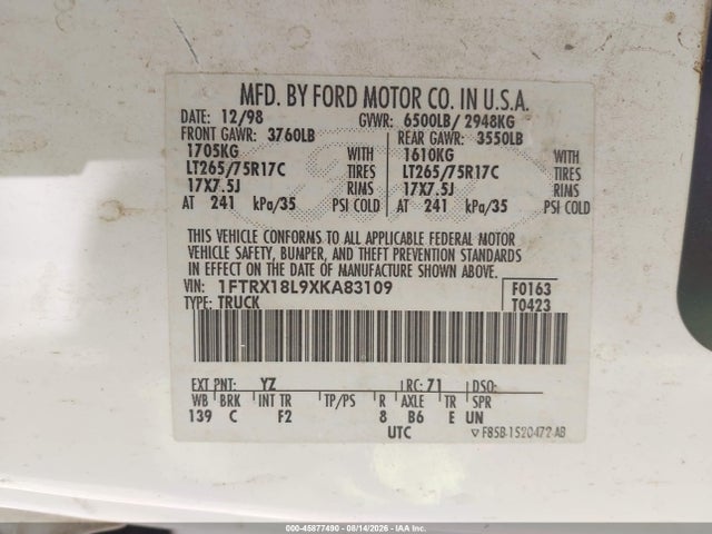 45877490 :رقم المزاد ، 1FTRX18L9XKA83109 vin ، 1999 Ford F-150 Lariat/xl/xlt مزاد بيع