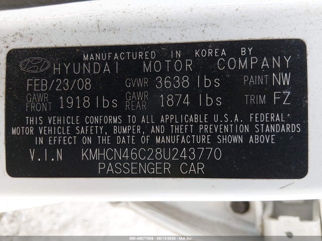 Продажа на аукционе авто 2008 Hyundai Accent Gls, vin: KMHCN46C28U243770, номер лота: 45877506