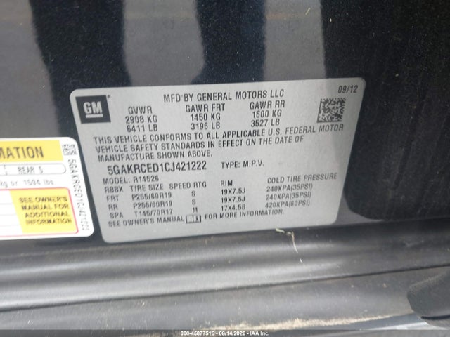 45877516 :رقم المزاد ، 5GAKRCED1CJ421222 vin ، 2012 Buick Enclave Leather مزاد بيع