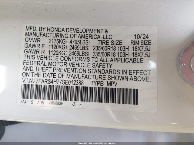 Aukcja sprzedaży 2025 Honda Cr-v Ex-l Awd, vin: 7FARS4H77SE012388, numer aukcji: 45877518