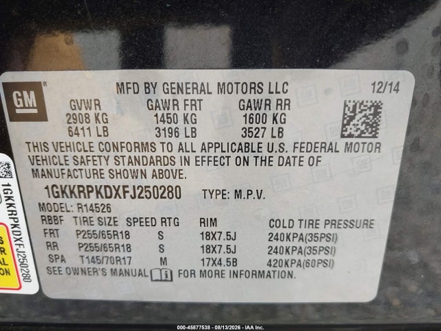 Продаж на аукціоні авто 2015 Gmc Acadia Sle-2, vin: 1GKKRPKDXFJ250280, номер лоту: 45877538