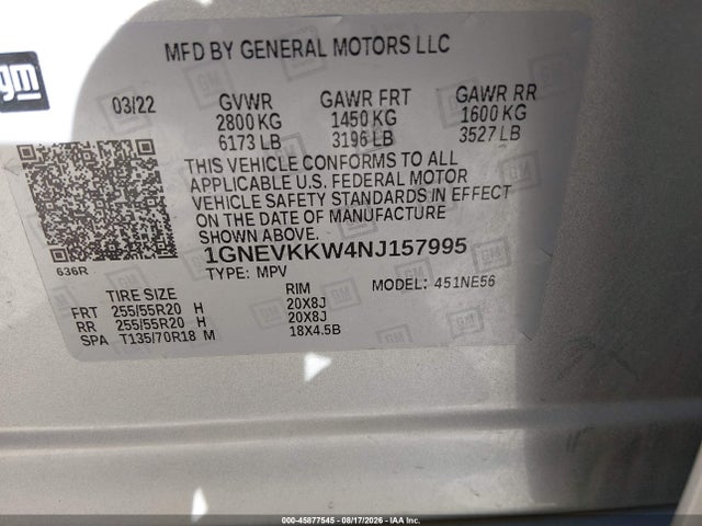 Продажа на аукционе авто 2022 Chevrolet Traverse Awd Premier, vin: 1GNEVKKW4NJ157995, номер лота: 45877545