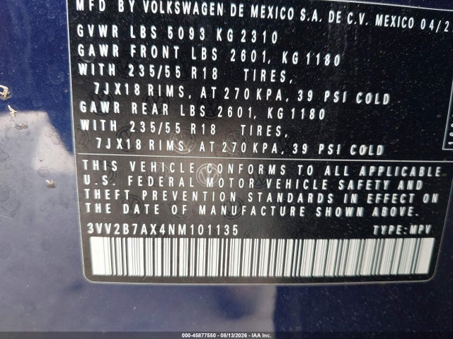 Aukcja sprzedaży 2022 Volkswagen Tiguan 2.0t Se, vin: 3VV2B7AX4NM101135, numer aukcji: 45877550