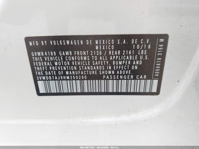 Продаж на аукціоні авто 2017 Volkswagen Jetta 1.4t Se, vin: 3VWDB7AJ9HM250290, номер лоту: 45877557