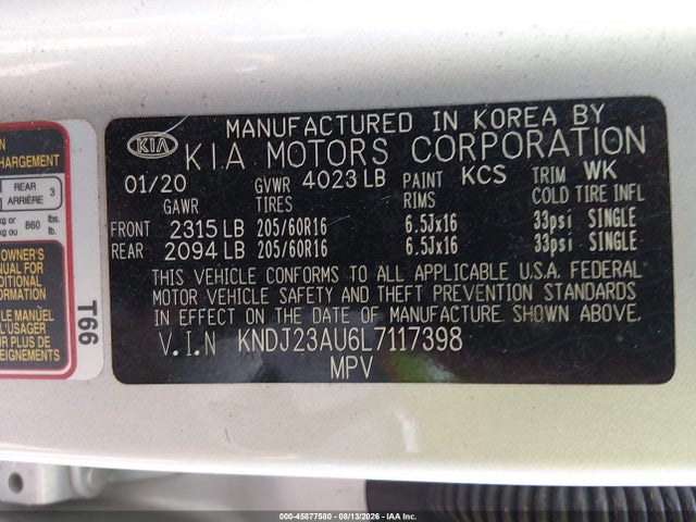 45877580 :رقم المزاد ، KNDJ23AU6L7117398 vin ، 2020 Kia Soul S مزاد بيع