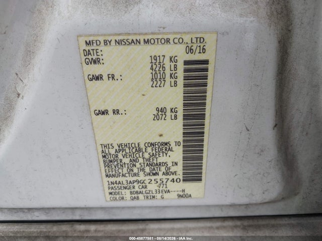 45877581 :رقم المزاد ، 1N4AL3AP9GC255740 vin ، 2016 Nissan Altima 2.5 S مزاد بيع