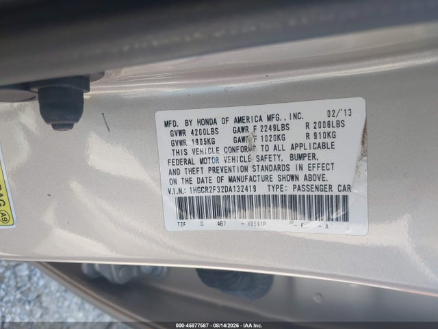 Продаж на аукціоні авто 2013 Honda Accord Lx, vin: 1HGCR2F32DA132419, номер лоту: 45877587