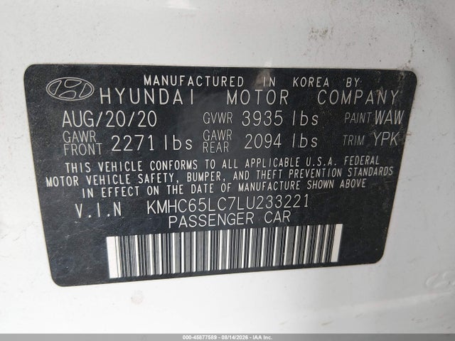 Продаж на аукціоні авто 2020 Hyundai Ioniq Hybrid Blue, vin: KMHC65LC7LU233221, номер лоту: 45877589