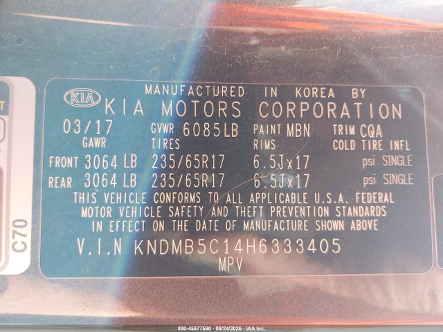 45877590 :رقم المزاد ، KNDMB5C14H6333405 vin ، 2017 Kia Sedona Lx مزاد بيع