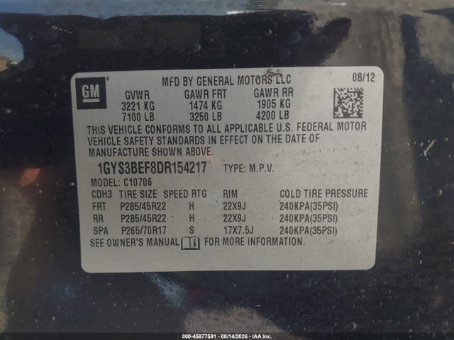 45877591 :رقم المزاد ، 1GYS3BEF8DR154217 vin ، 2013 Cadillac Escalade Luxury مزاد بيع