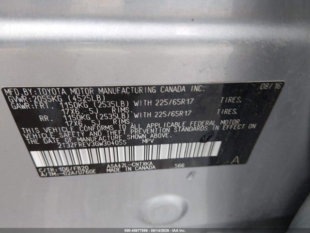 45877598 :رقم المزاد ، 2T3ZFREV3GW304055 vin ، 2016 Toyota Rav4 Le مزاد بيع