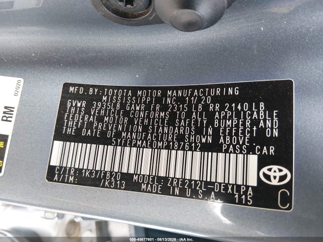 2021 Toyota Corolla Le მანქანა იყიდება აუქციონზე, vin: 5YFEPMAE0MP187612, აუქციონის ნომერი: 45877601