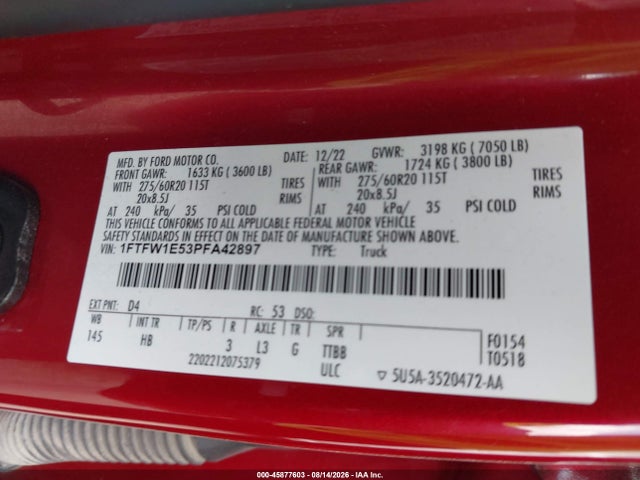 Продаж на аукціоні авто 2023 Ford F-150 Lariat, vin: 1FTFW1E53PFA42897, номер лоту: 45877603