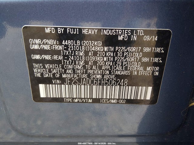 Aukcja sprzedaży 2015 Subaru Forester 2.5i Premium, vin: JF2SJADC6FH506248, numer aukcji: 45877605