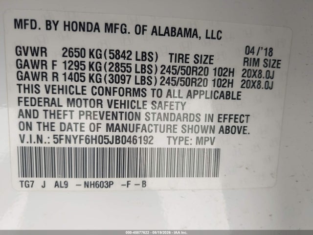 Продаж на аукціоні авто 2018 Honda Pilot Elite, vin: 5FNYF6H05JB046192, номер лоту: 45877622