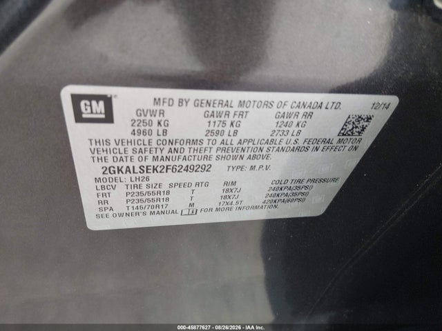 Продаж на аукціоні авто 2015 Gmc Terrain Slt-1, vin: 2GKALSEK2F6249292, номер лоту: 45877627