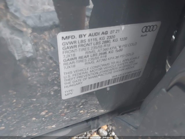 Aukcja sprzedaży 2022 Audi Q3 Premium 40 Tfsi Quattro Tiptronic, vin: WA1AUCF38N1005051, numer aukcji: 45877632