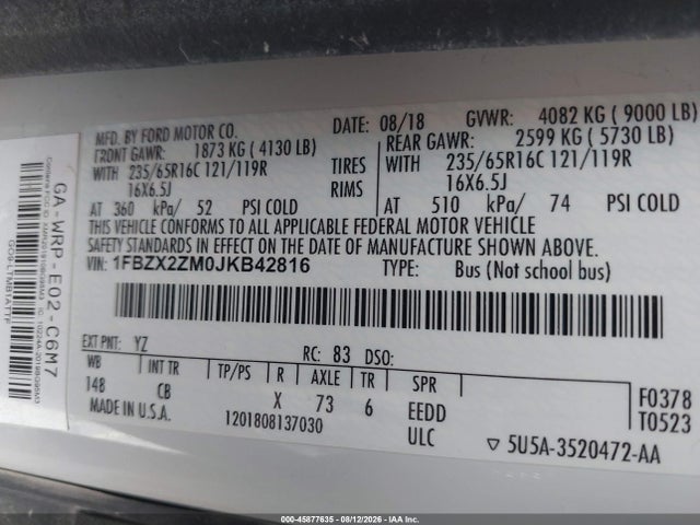Ford Transit-350 Xl 2018 1FBZX2ZM0JKB42816 Image 9