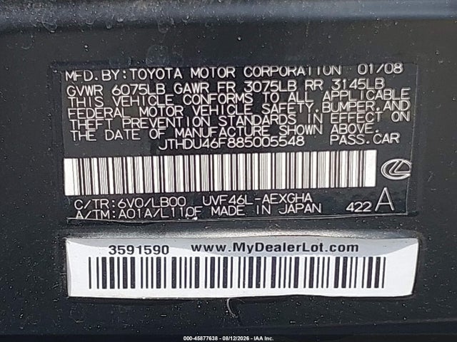 2008 Lexus Ls 600h მანქანა იყიდება აუქციონზე, vin: JTHDU46F885005548, აუქციონის ნომერი: 45877638