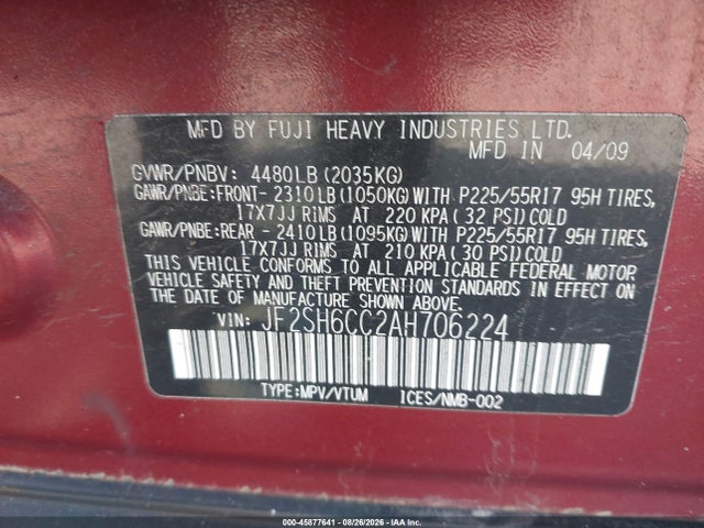 45877641 :رقم المزاد ، JF2SH6CC2AH706224 vin ، 2010 Subaru Forester 2.5x Premium مزاد بيع