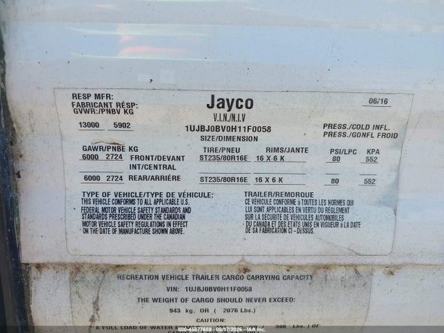 Продаж на аукціоні авто 2017 Jayco Other, vin: 1UJBJ0BV0H11F0058, номер лоту: 45877659