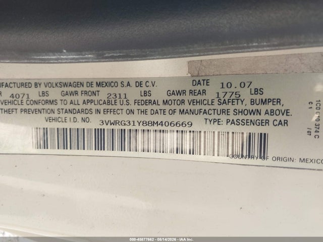 Продаж на аукціоні авто 2008 Volkswagen New Beetle Se, vin: 3VWRG31Y88M406669, номер лоту: 45877662