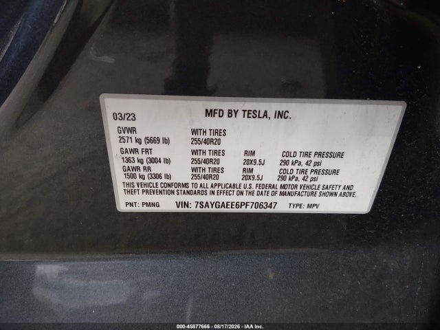 Продажа на аукционе авто 2023 Tesla Model Y Awd/long Range Dual Motor All-wheel Drive, vin: 7SAYGAEE6PF706347, номер лота: 45877666