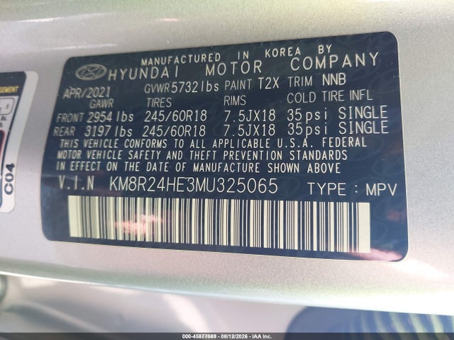 45877669 :رقم المزاد ، KM8R24HE3MU325065 vin ، 2021 Hyundai Palisade Sel مزاد بيع
