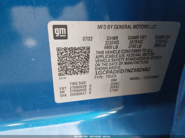 Продажа на аукционе авто 2022 Chevrolet Silverado 1500 2wd  Short Bed Rst, vin: 1GCPADED7NZ592482, номер лота: 45877681