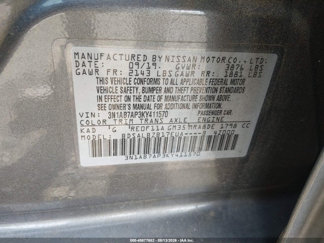 2019 Nissan Sentra S მანქანა იყიდება აუქციონზე, vin: 3N1AB7AP3KY411570, აუქციონის ნომერი: 45877682