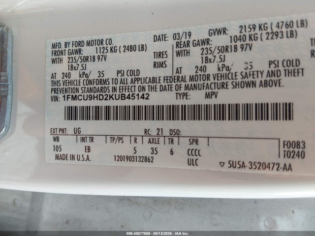 Aukcja sprzedaży 2019 Ford Escape Sel, vin: 1FMCU9HD2KUB45142, numer aukcji: 45877688
