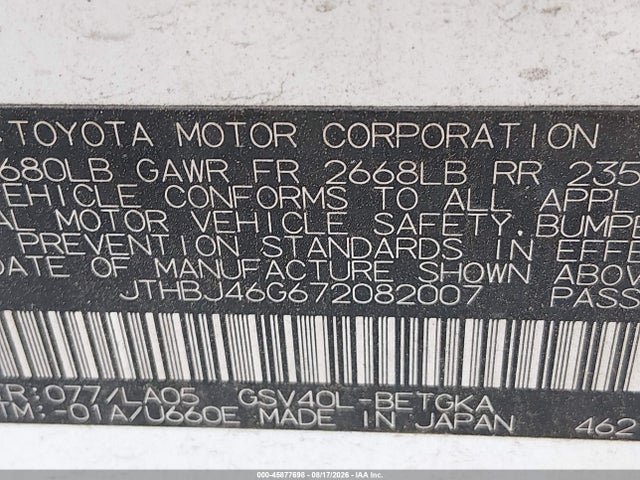 Продаж на аукціоні авто 2007 Lexus Es 350, vin: JTHBJ46G672082007, номер лоту: 45877698