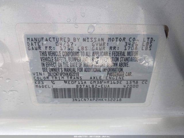Продаж на аукціоні авто 2017 Nissan Versa 1.6 Sv, vin: 3N1CN7AP2HK452218, номер лоту: 45877701