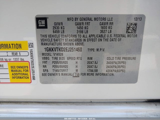 45877722 :رقم المزاد ، 1GKKVTKD2EJ251460 vin ، 2014 Gmc Acadia Denali مزاد بيع