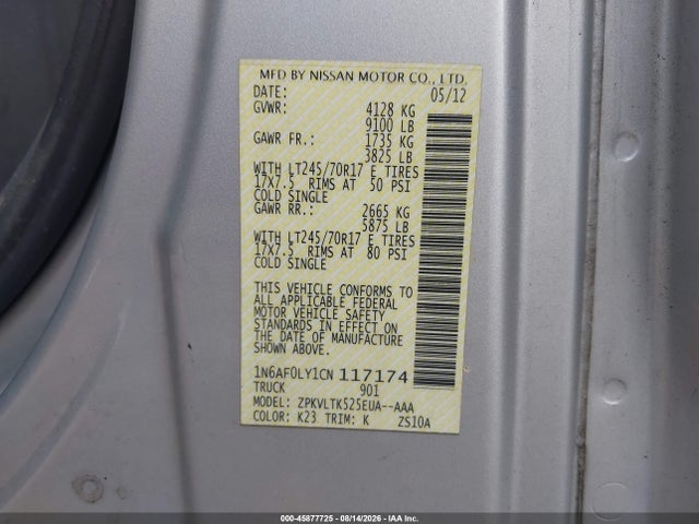 2012 Nissan Nv 2500 Nv2500 Hd Sv V8 მანქანა იყიდება აუქციონზე, vin: 1N6AF0LY1CN117174, აუქციონის ნომერი: 45877725