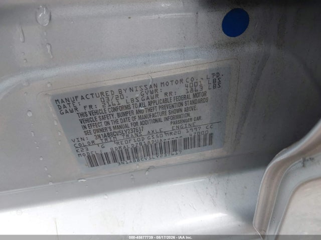 45877739 :رقم المزاد ، 3N1AB8CV5LY237617 vin ، 2020 Nissan Sentra Sv Xtronic Cvt مزاد بيع