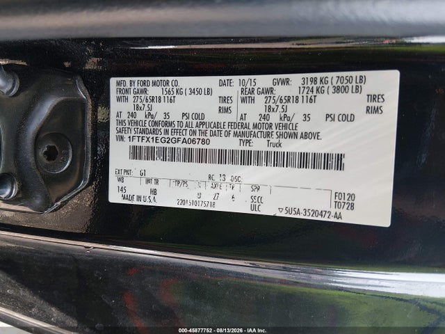 45877752 :رقم المزاد ، 1FTFX1EG2GFA06780 vin ، 2016 Ford F-150 Lariat مزاد بيع