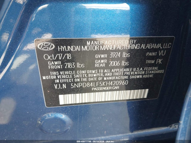 Продаж на аукціоні авто 2019 Hyundai Elantra Sel, vin: 5NPD84LF5KH420960, номер лоту: 45877756