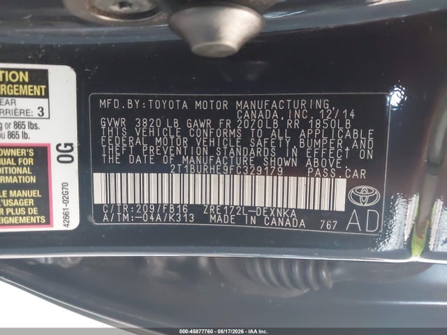 Aukcja sprzedaży 2015 Toyota Corolla Le, vin: 2T1BURHE9FC329179, numer aukcji: 45877760